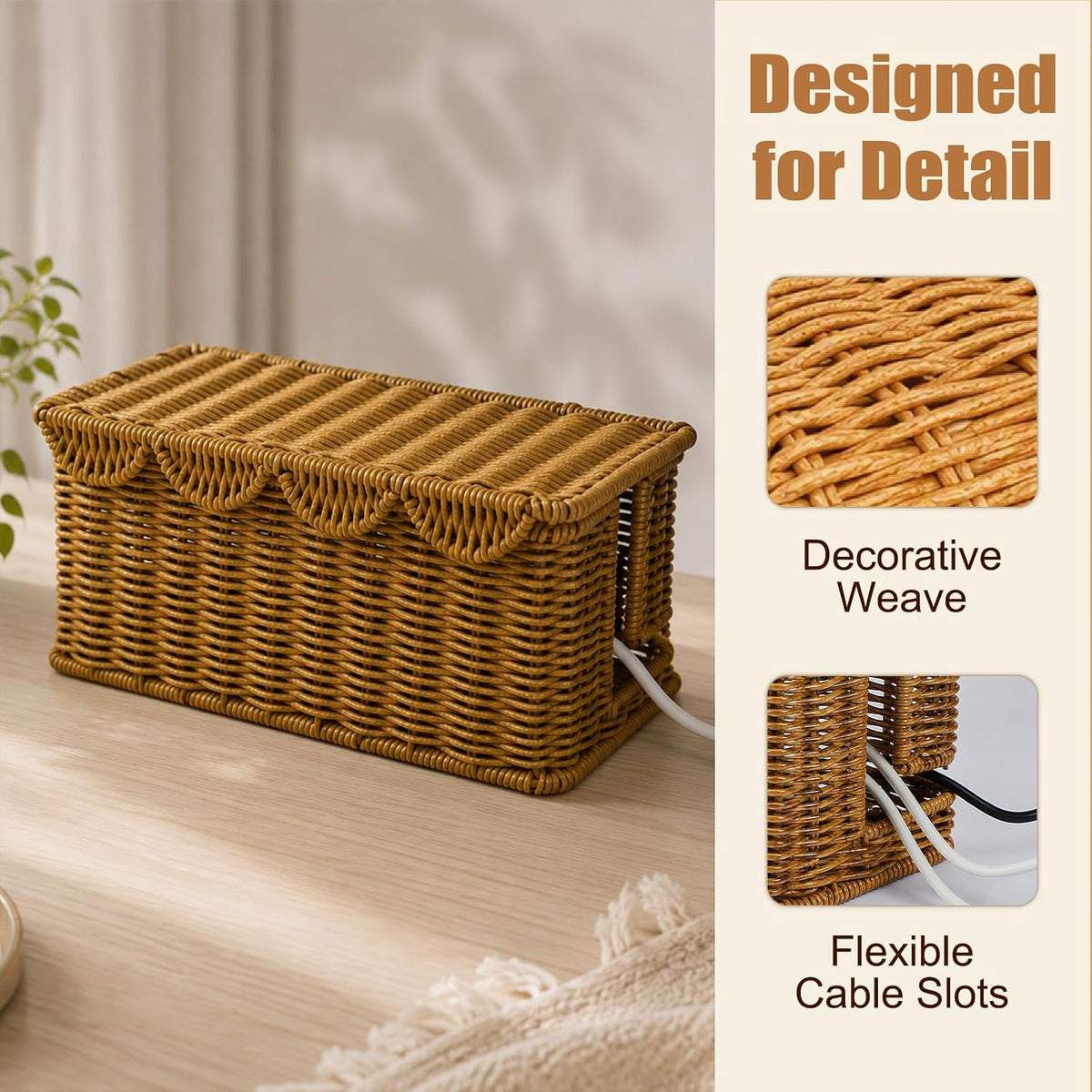 Handmade Rattan Cable Management Box, L Dual Slot Cord Hider Organizer Box
