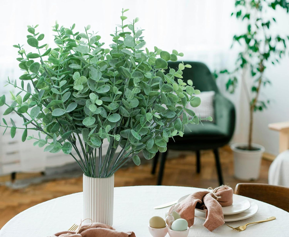 5Pcs Artificial Eucalyptus Stems，Artificial Greenery Fake Dust Frosted Eucalyptus Branches Leaves，Fake Plants for Decoration (Sage Green- 13.8 in)