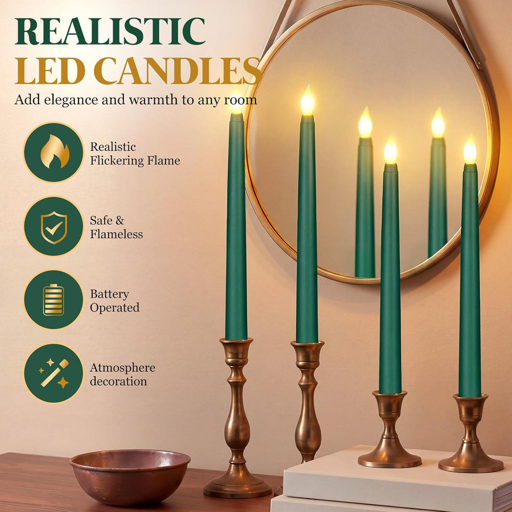 Baquler 25 Pcs 9.7 Inch LED Flameless Taper Candles Bulk, Green