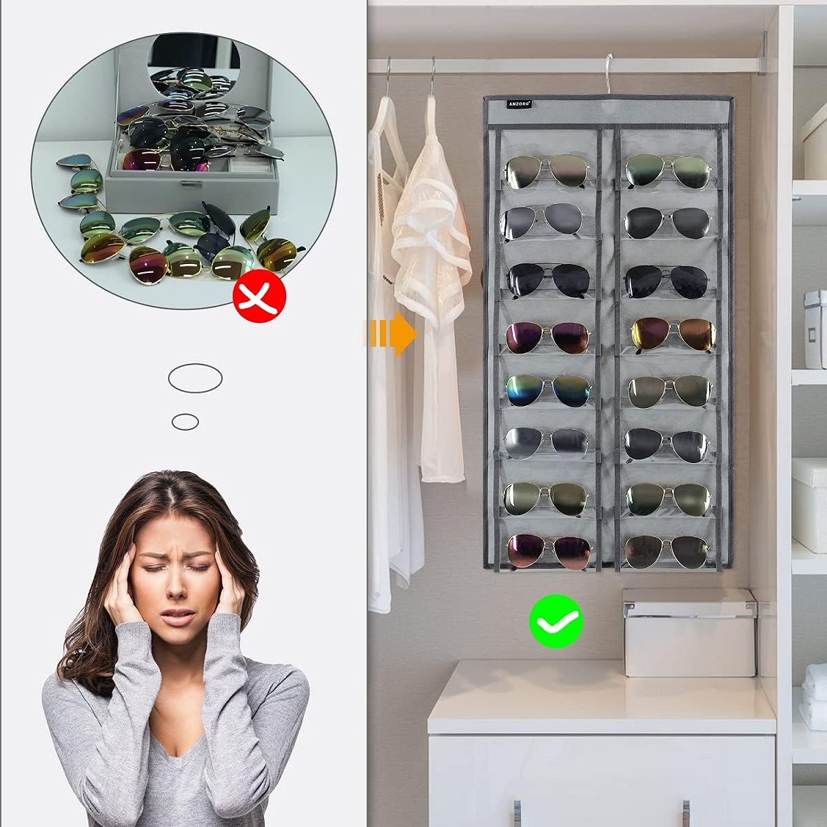 Dual Sided Hanging Sunglasses Organizer Wall Eyeglass Holder Sunglass Rack for Home with 32 Dust Proof Pockets (32 Pockets-Grey)