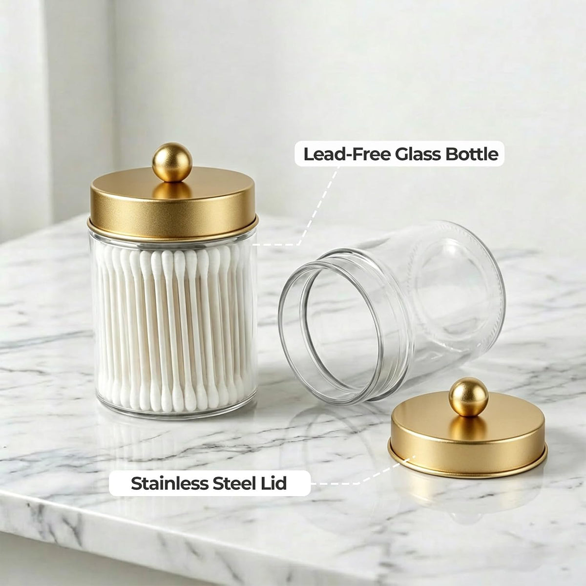 Amolliar Clear Glass Apothecary Jar Qtip Holder w/Metal Lids, Gold