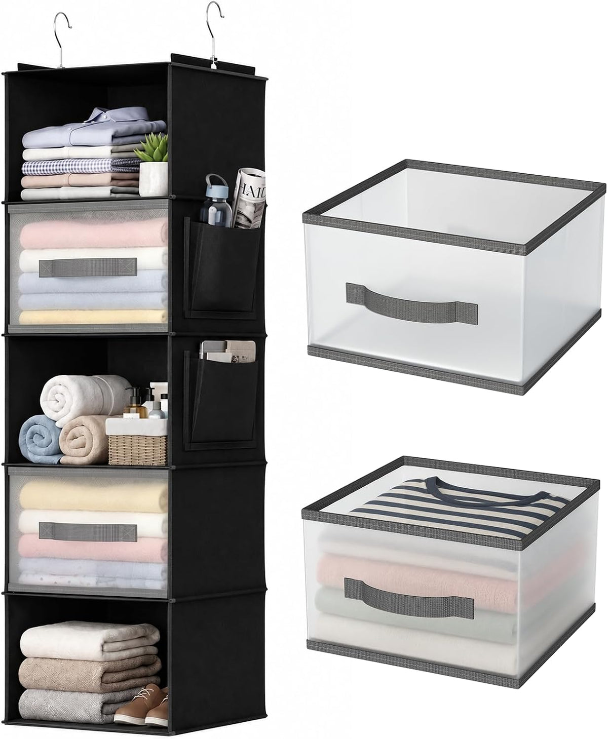 5-Layer Suspended Fabric Shelf Organizer, Equipped with 2 Sturdy Hooks, 2 Separate Drawers, and Foldable Hanging Storage (Black)
