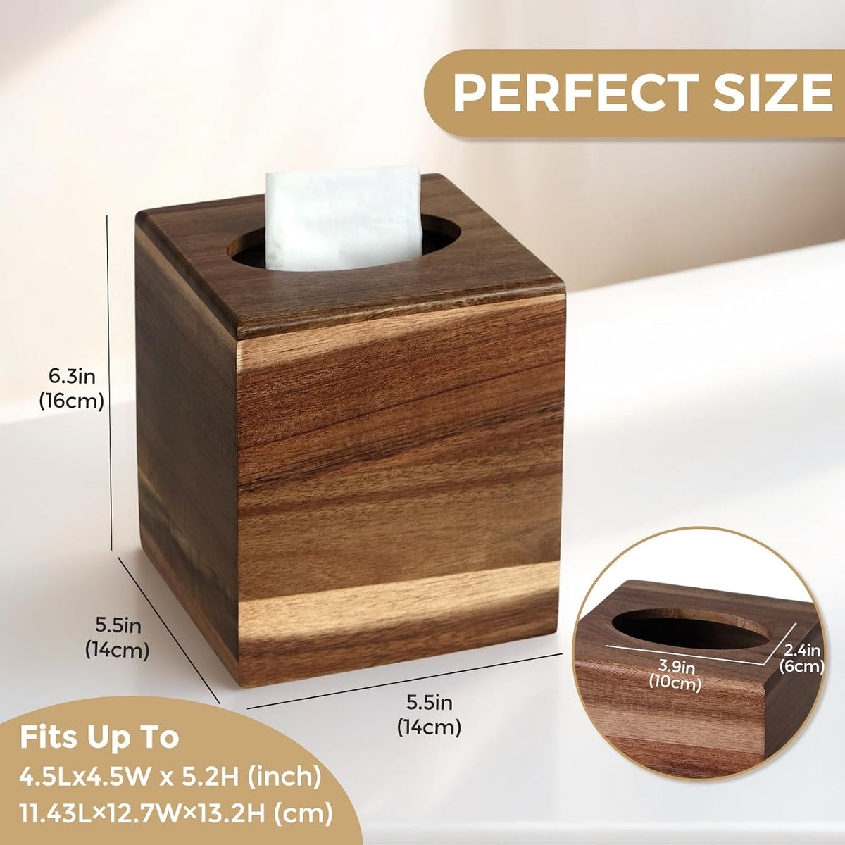 2 Pack Acacia Wood Tissue Box Cover，Wooden Tissue Box Holder Square