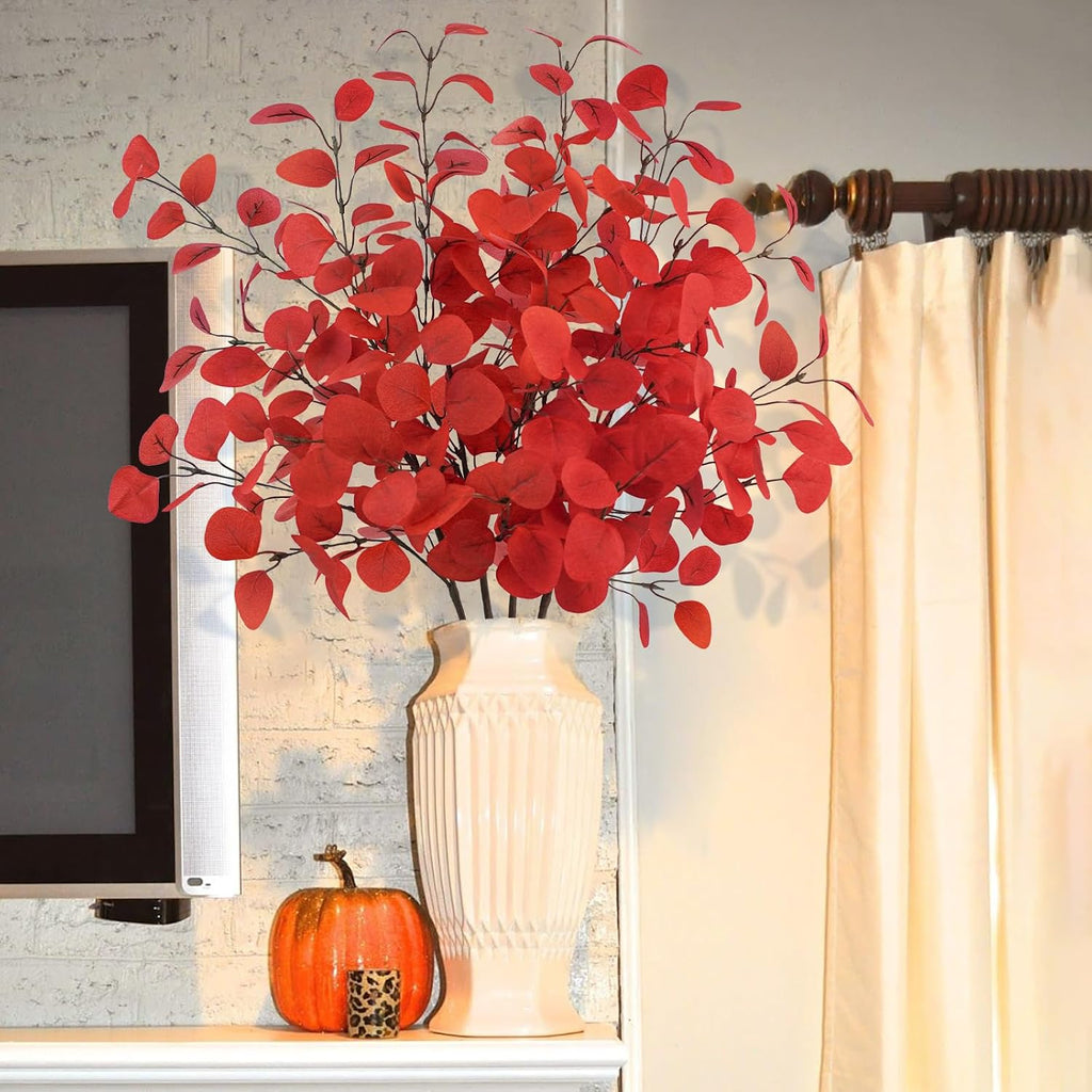 4Pcs Artificial Eucalyptus Leaves Stems 33.8‘’ Eucalyptus Plants Branches Greenery for Home Fireplace Farmhouse Party Wedding Table Bathroom Christmas Décor Red