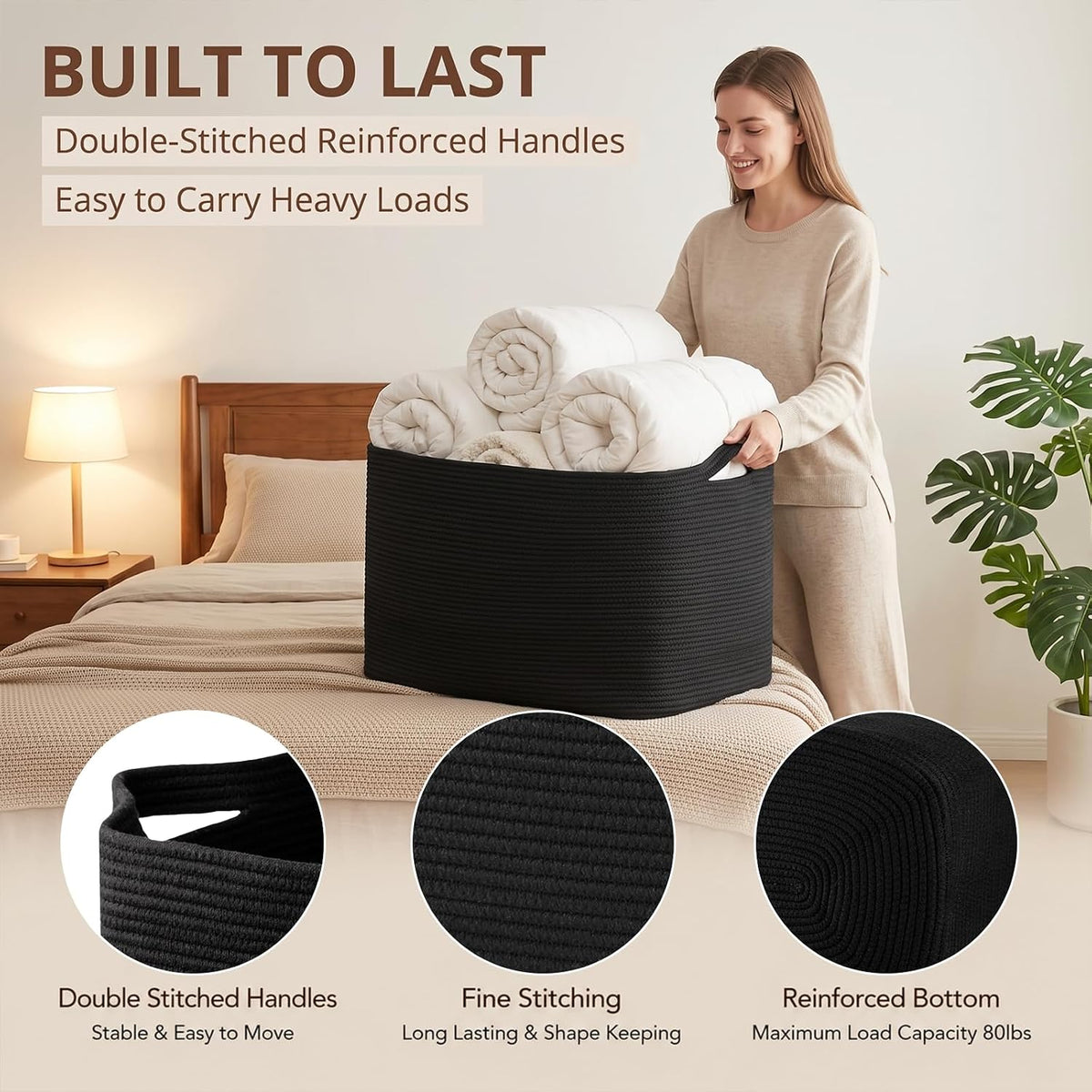 OIASKET 70L Large Blanket Basket, 21.6" x 16.9" x 11.8" Woven Basket