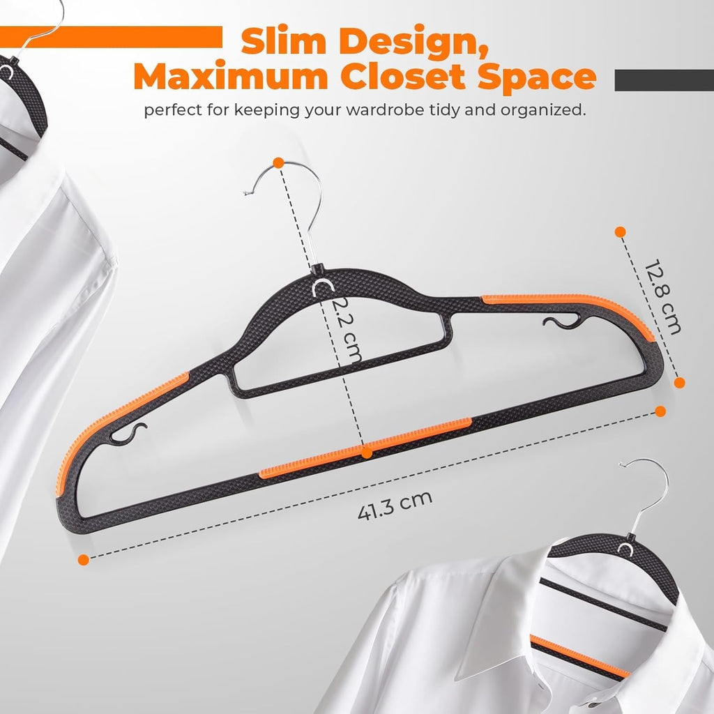 Plastic Hangers 50 Pack, Cascading Slim Space Saving Clothing Hangers with 360° Rotating Hook, Non Slip Clothes Hangers for Sweater Shirt, Heavy Duty Coat Hanger with Inner Hook for Closet, Black
