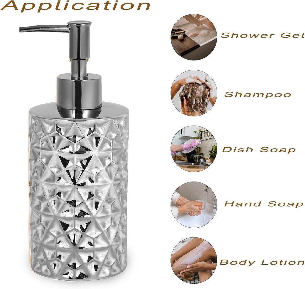 12 Oz Ceramic Soap Dispenser with Rust Proof Stainless Steel Pump,Refillable Diamond Lotion Soap Dispenser for Bathroom, Kitchen, Hand Soap, Dish Soap,Shampoo, Ideal for Bathroom Countertop. Silver.
