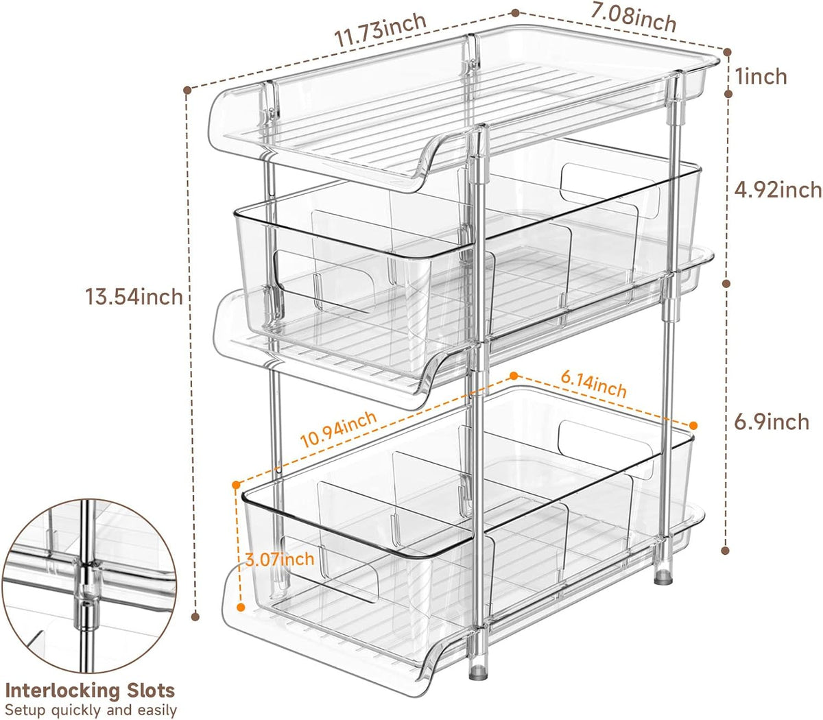 3 Tier Clear Bathroom Organizer with Dividers, Multi-Purpose Pull-Out Pantry Organization and Storage, Under Sink Closet Organizers and Storage, Vanity Skincare Cosmetic Organizer Medicine Bins