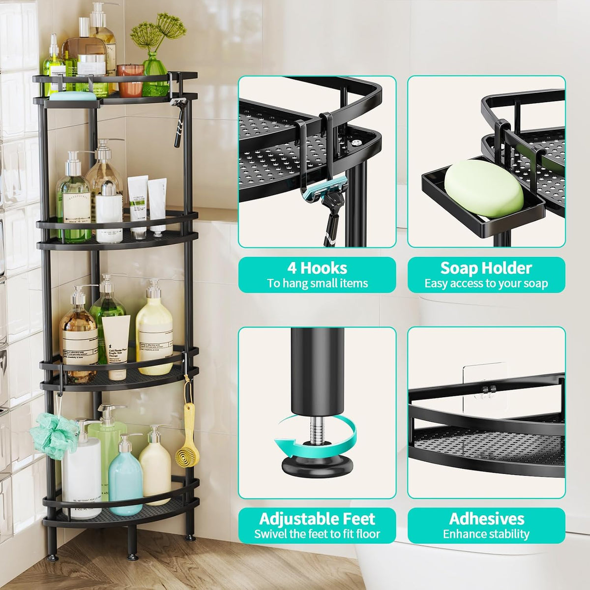 HapiRm Standing Corner Shower Caddy - 4 Tier Shower Organizer Corner with Soap Holder and 4 Hooks, Rustproof Bathroom Storage Shelves with Adhesives, Black