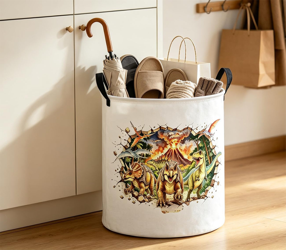 19.7" Laundry Basket,Dirty Clothes Hamper,Waterproof Storage Bin,Room Decor,Gift Baskets(Crossing Dinosaur)