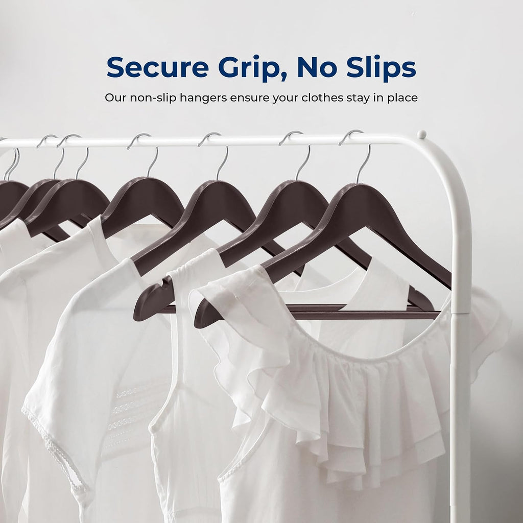 SereneLife 10 Pack Wooden Clothes Hangers | Keeps Suits, Coats & Dresses Neatly Organized | Heavy Duty Wood, Pants Bar, Notches & 360° Chrome Swivel Hooks, 10 Lbs Capacity, 0.47-Inch Profile | Brown
