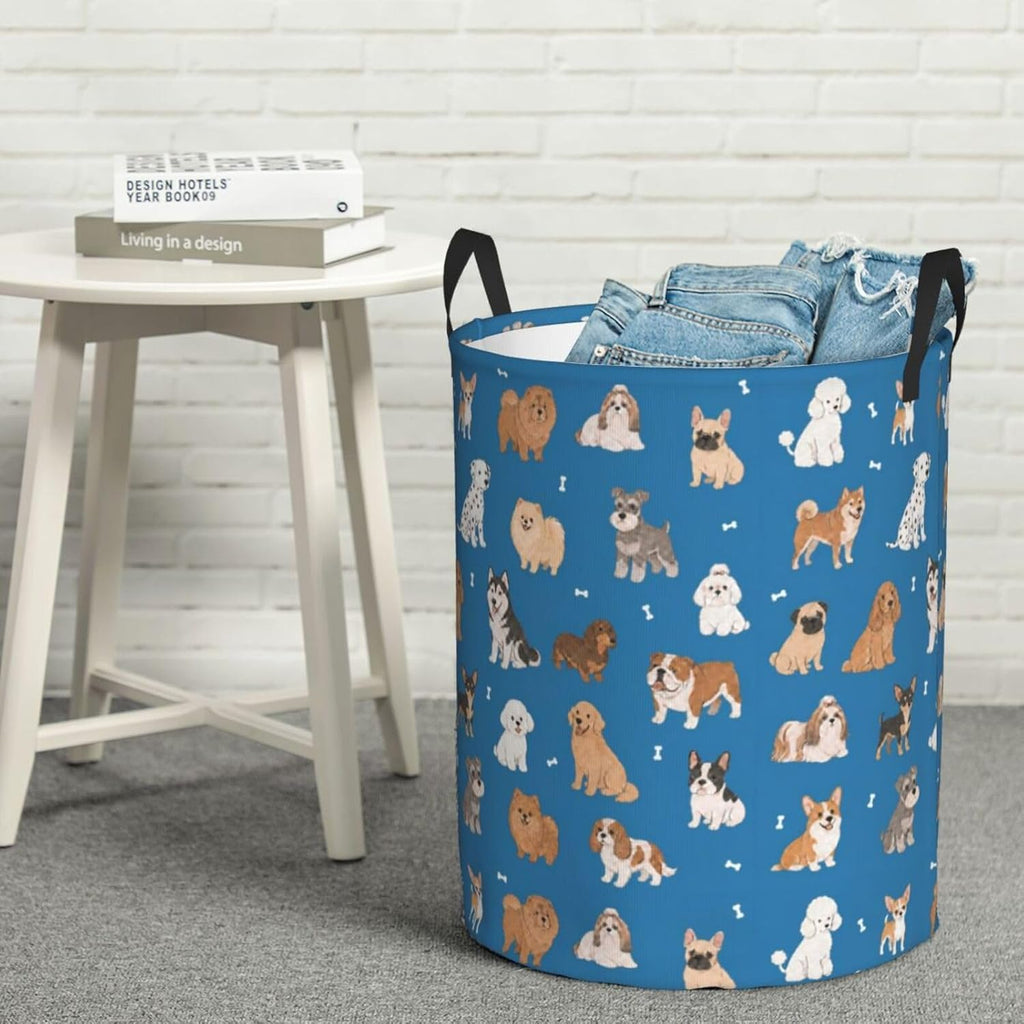 Cute Dog Animals Blue Round Laundry Hamper Storage Basket Toys Clothes Organizer Bin For Home Bathroom Bedroom Dorm Nursery, 38l