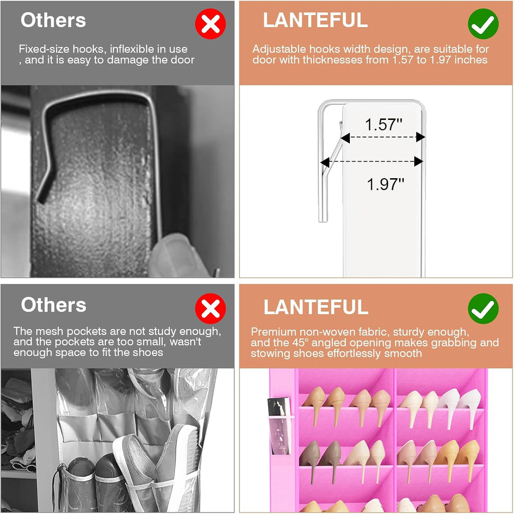 LANTEFUL Over the Door Shoe Organizer, Hanging Shoe Rack for Closet Door Shoe Storage for 30 Pairs Sneaker and Boots, Large Shoe Holder for Door with 10 Side Pockets, Space Saving, Pink