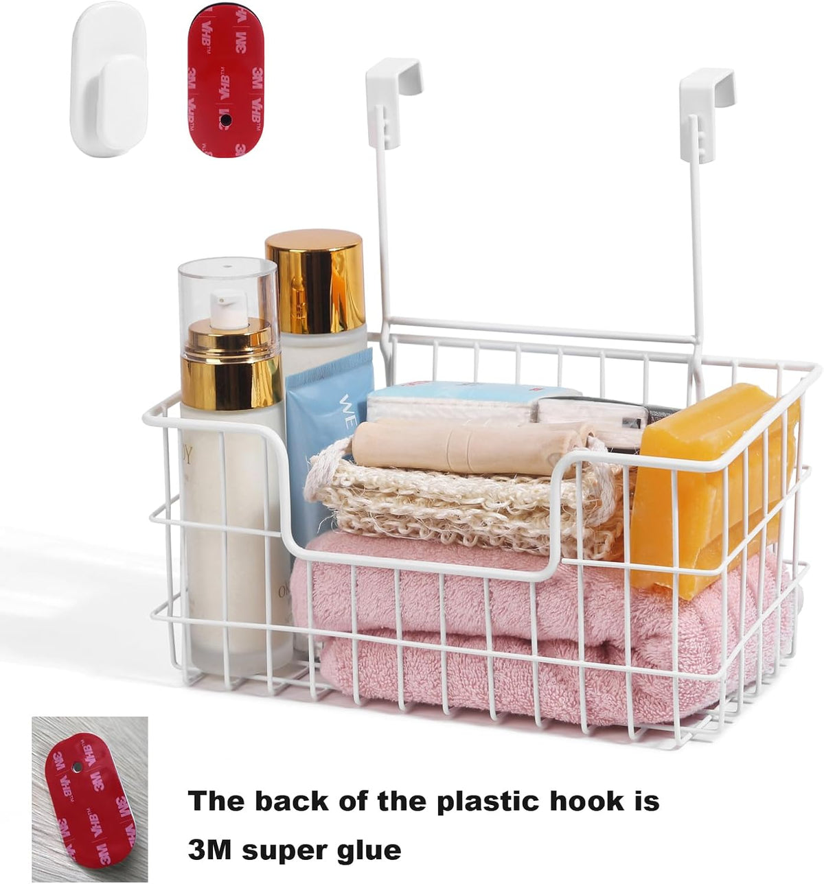 JUNCHU CHERRY Wire Storage Basket 2 Packs, Wall Mounted Kitchen Bathroom, Hanging Cabinet Door Storage Basket, no Drilling, Supporting 2 Types of Hooks, Strong Bearing, Suitable for Home, White