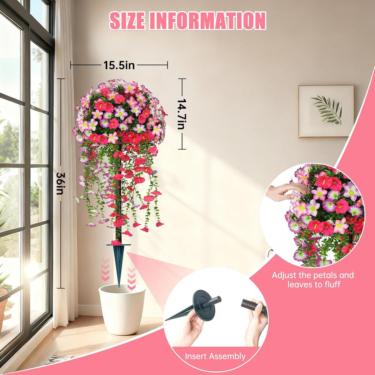 Yangrass 2PCS Fake Topiary Bushes with Pink Morning Glory Flowers,36"(3FT)