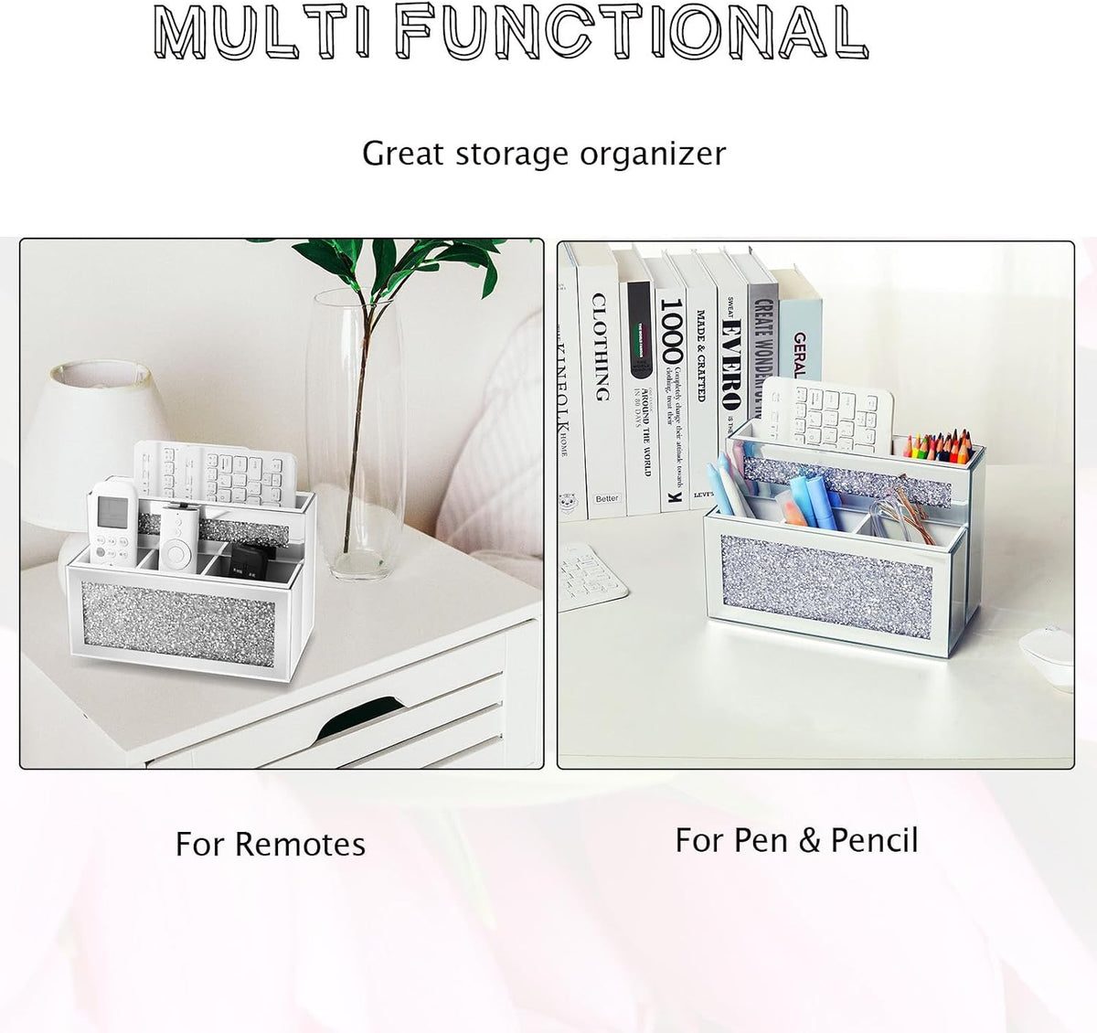 Mirrored Remote Control Holder, Crushed Diamond TV Remote Holder Wall Mount, Desk Organizers and Accessories for Phone, Pad, Pen and Pencil, Remote Caddy