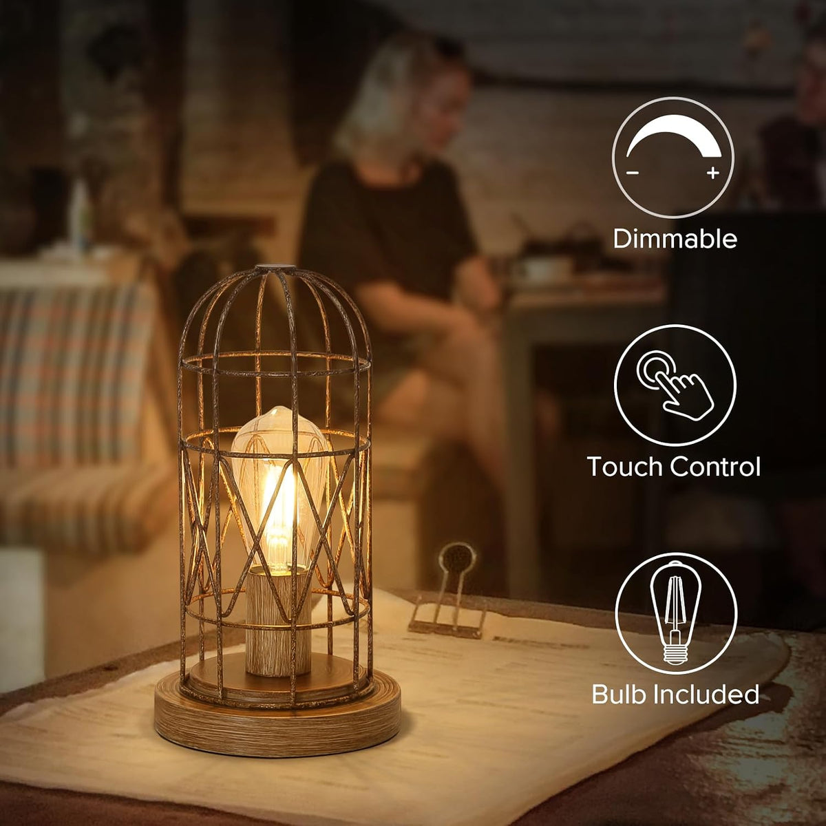 Touch Table Lamp, Industrial Desk Lamp with Rustic Wood Metal Cage Shade