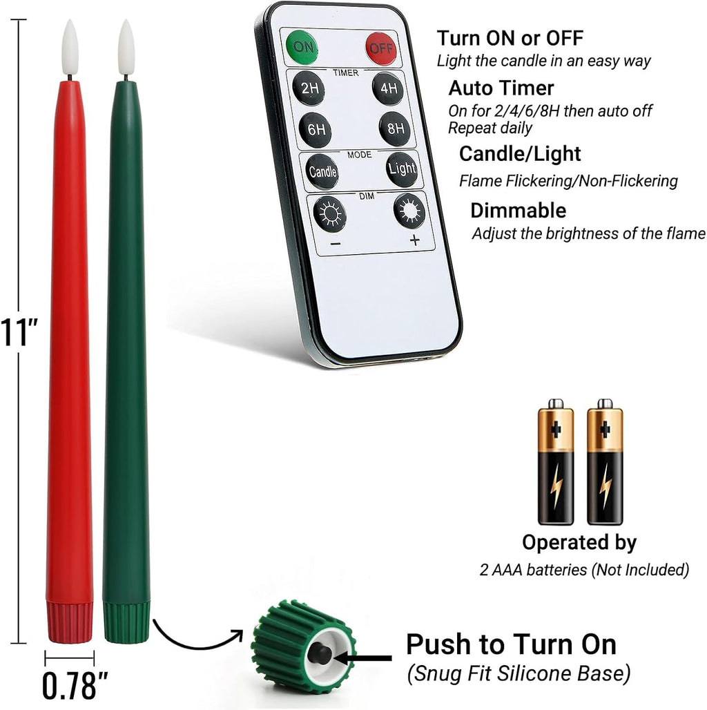 Stmarry Green and Red Flameless Taper Candles with Remote Control - 11 Inch LED Candlesticks Battery Operated, Realistic 3D Flame with Wick, Timer, 6 Pack Holiday Candles Christmas Decor