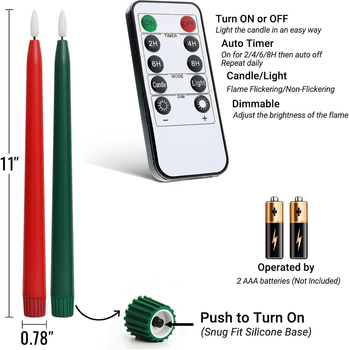 Stmarry Green and Red Flameless Taper Candles with Remote Control - 11 Inch LED Candlesticks Battery Operated, Realistic 3D Flame with Wick, Timer, 6 Pack Holiday Candles Christmas Decor