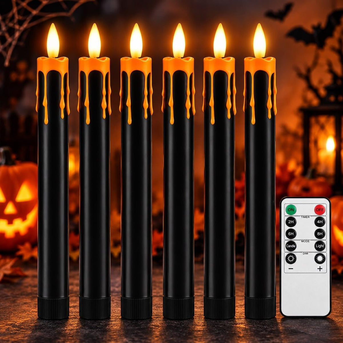 Dusk&Decorum 6 Pack Halloween Tapered Candles with Remote, Black Halloween Flameless Candles with Orange Dripping Wax, Battery Operated LED Halloween Candles for Table, Mantel & Indoor Decor