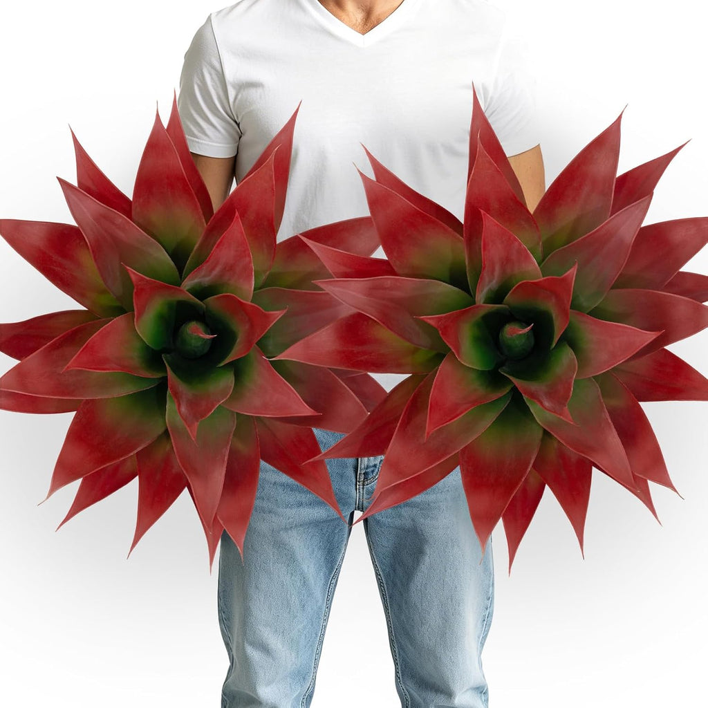 2 Pack Artificial Fall Agave Plants 28 Inch Large Size Faux Succulent Stems Outdoor Decorating Realistic UV Resistant Tropical Plant Plantas Artificiales Decorativas Grandes - 29 Leaves, Red