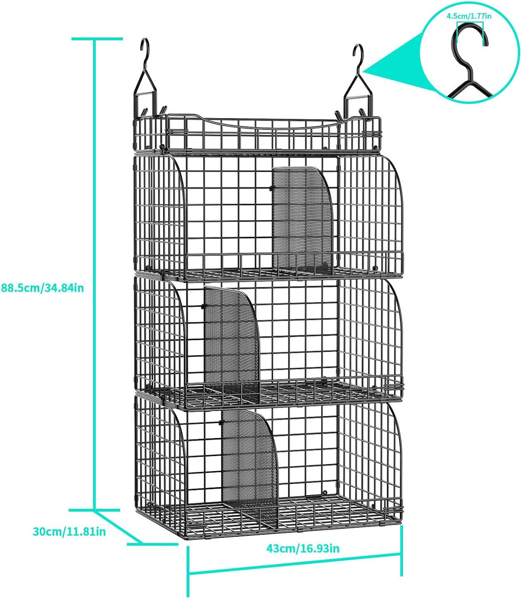 HapiRm Hanging Closet Organizer Storage - 4 Tier Metal Stackable Hanging Closet Shelves with Dividers and S Hooks, Foldable Clothes Shelves for Clothes, Pants, Shoes, Coat, Hats Clutches Accessories
