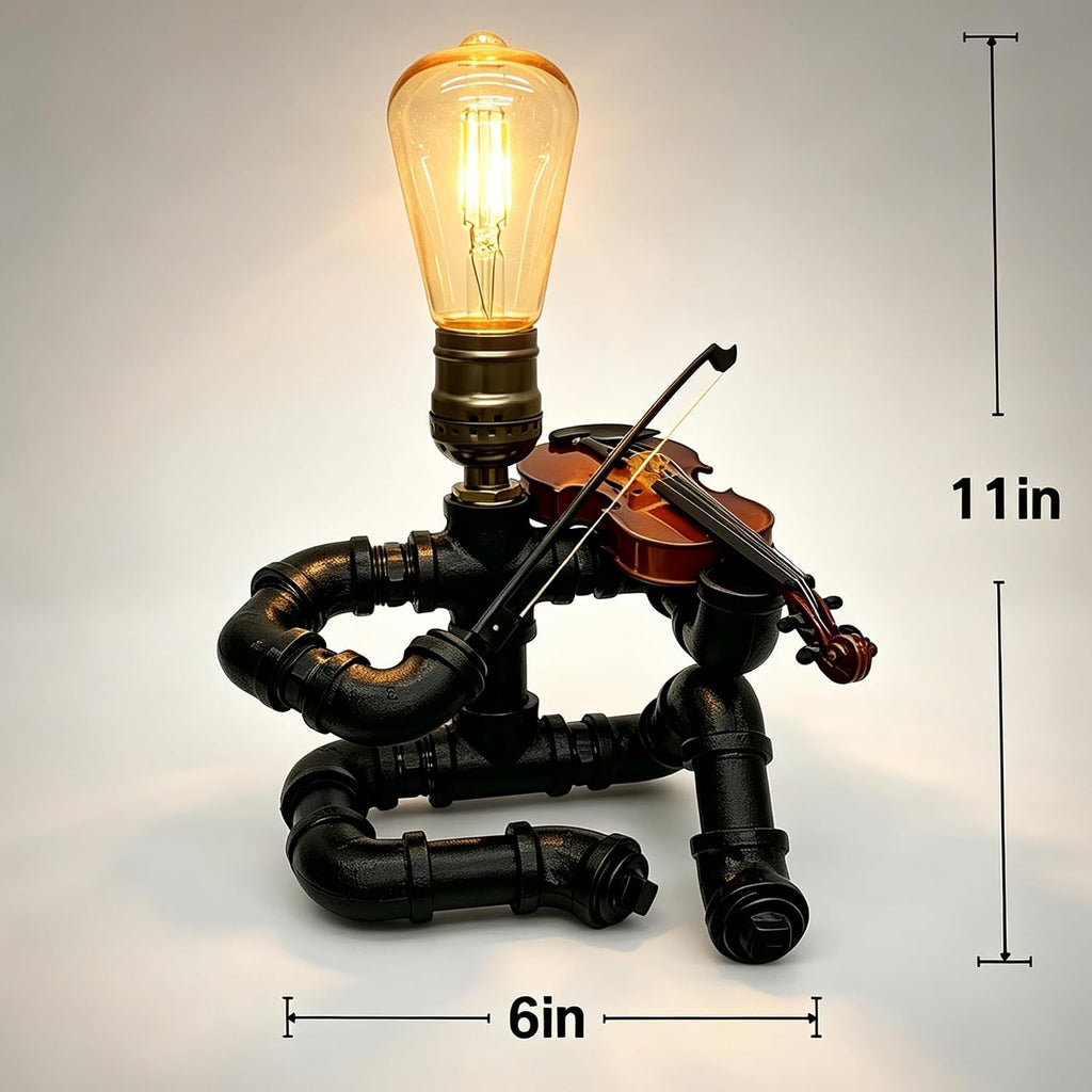 Industrial Pipe Violinist Table Lamp, Black Metal