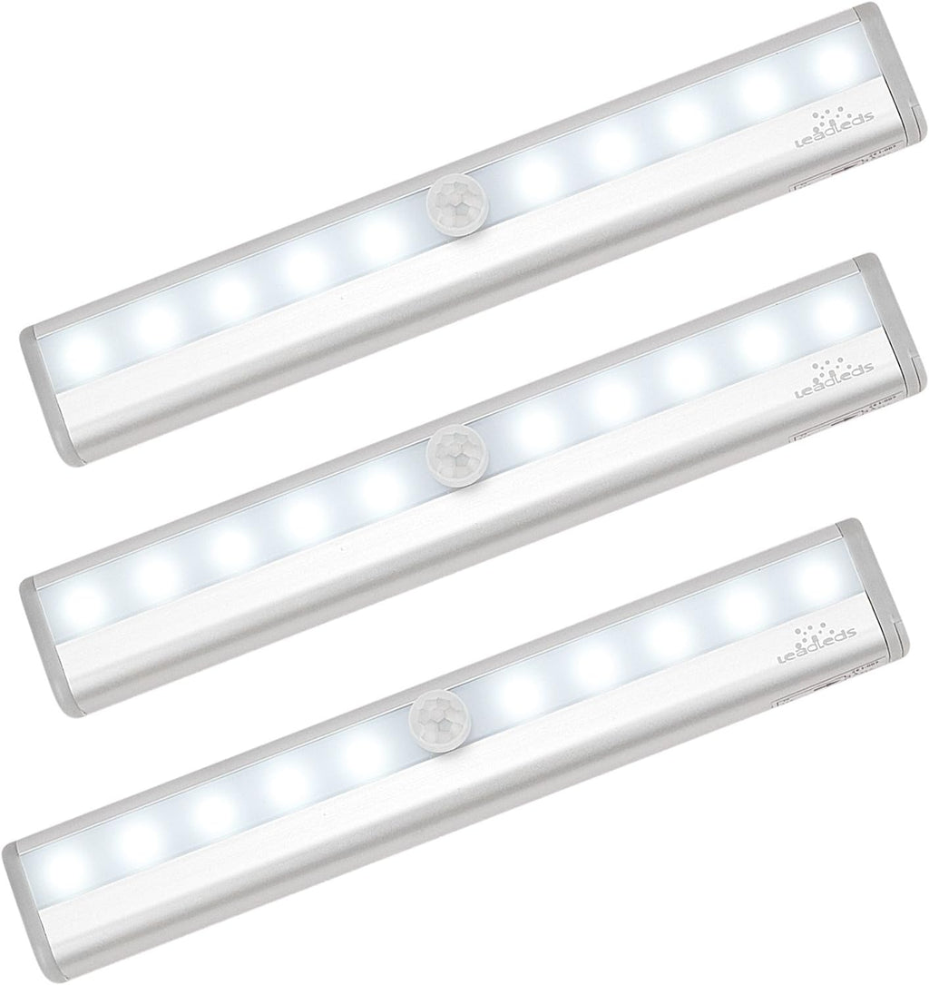 Leadleds 3-Pack Battery Operated 10-LED Motion Sensor Light Bar Stick-on Anywhere Portable Closet Cabinet LED Night Light Wall Light Stairs Light Step Light Bar