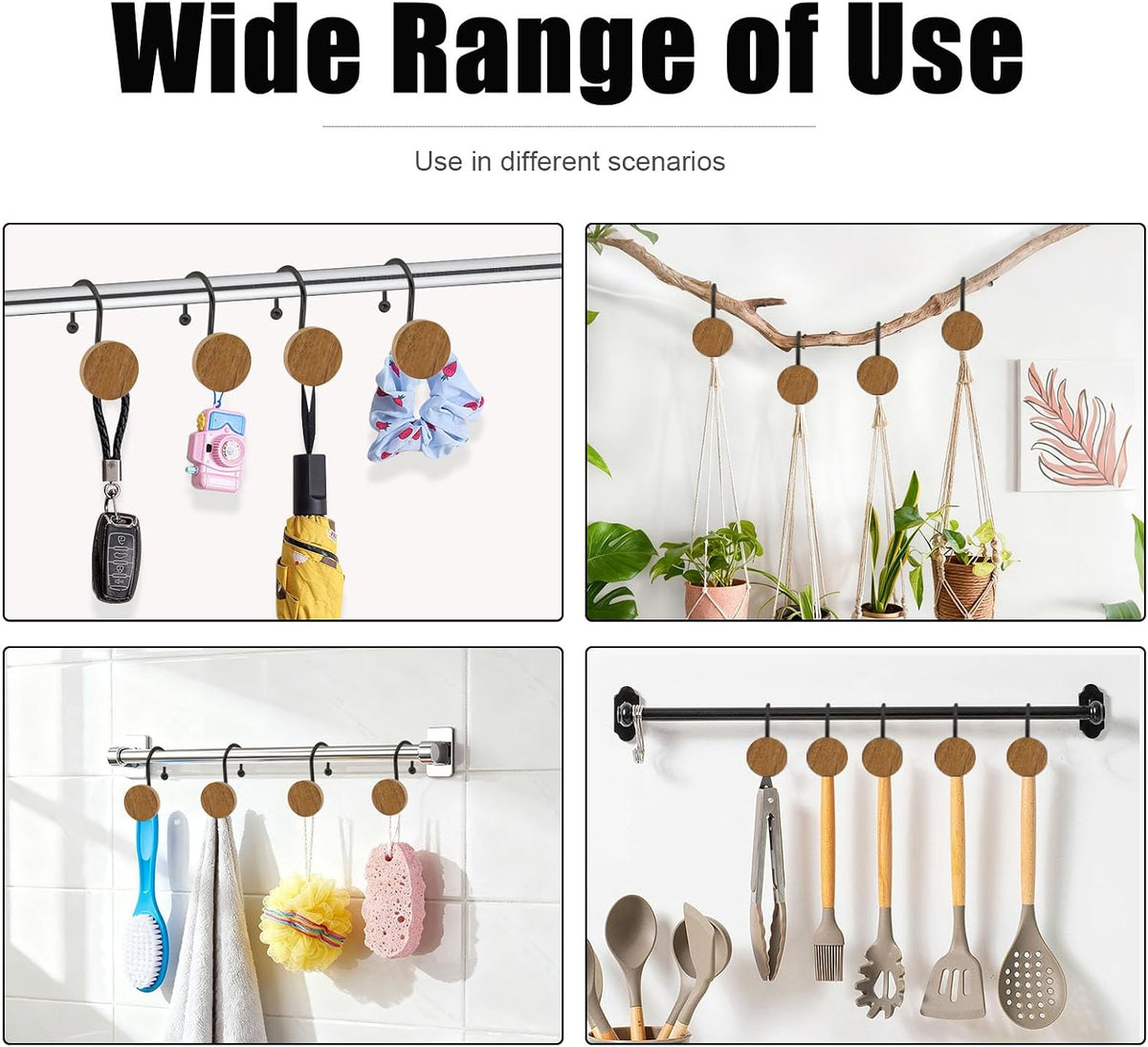 Shower Curtain Hooks, Wood Decorative Shower Curtain Rings, Modern Round Log Shower Curtain Hangers, 12PCS Metal Shower Hooks for Shower Curtain Rod, Bathroom, Bedroom, Living Room (Black)