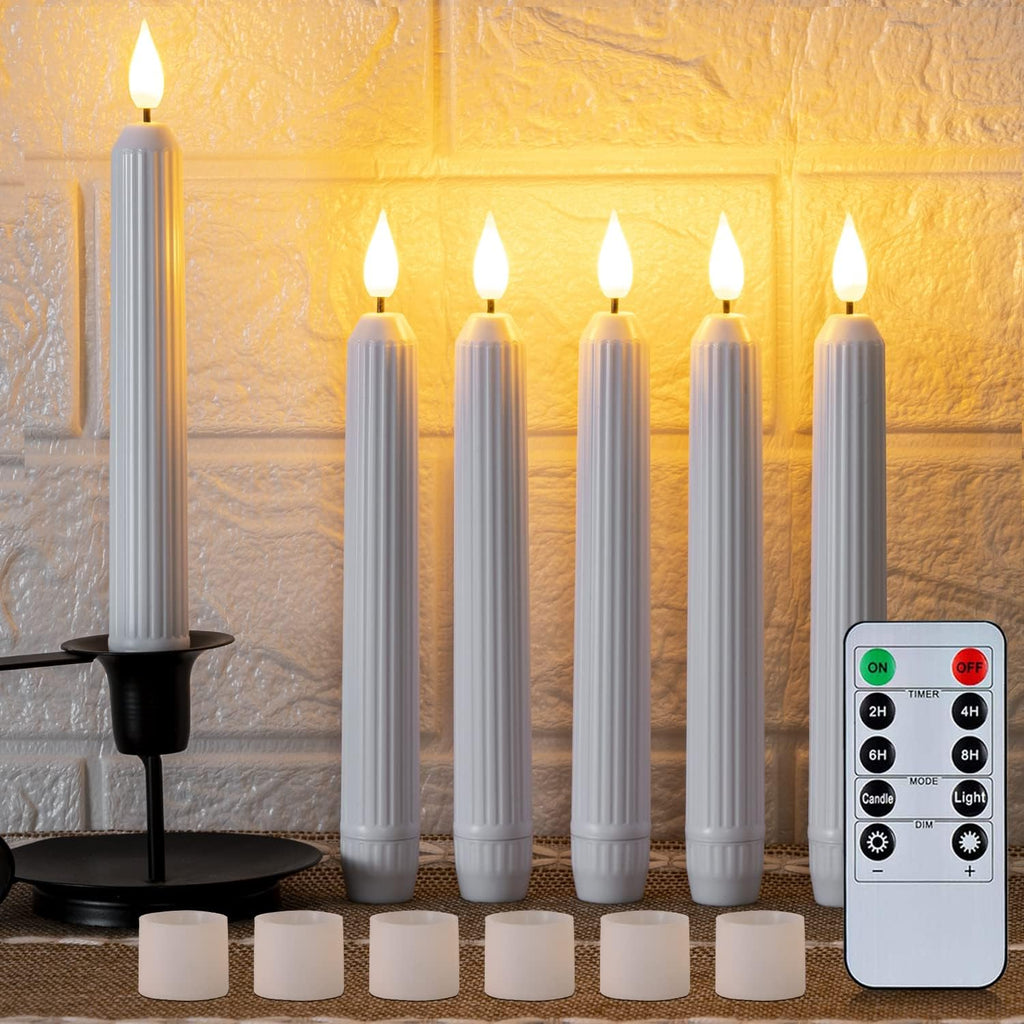 5plots White Flameless Taper Candles with Remote, Timer, Roman Column Led Taper Candles Battery Operated, Led Candlesticks with 3D Flame, Floating Flickering Candles for Halloween Christmas Decor