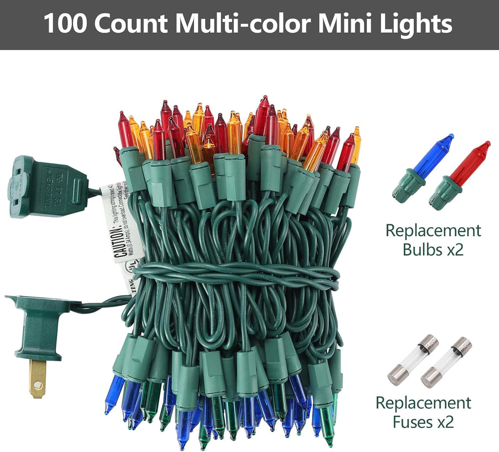 TIGOMOOV Multicolor Christmas Lights 100 Count, 21ft Green Wire Incandescent Mini String Lights, UL Certified Plug in Connectable, Xmas Tree Wreath Yard Patio Party Wedding Indoor Outdoor Decor