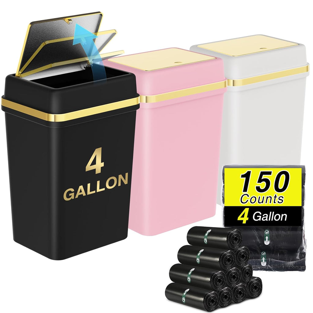 3 Pack Bathroom Trash Can with Lid 4 Gallon Small Trash Can with Press Top Lid Bathroom Garbage Can with 150 Counts Trash Bags for Kitchen Bedroom Office(Black White Pink)