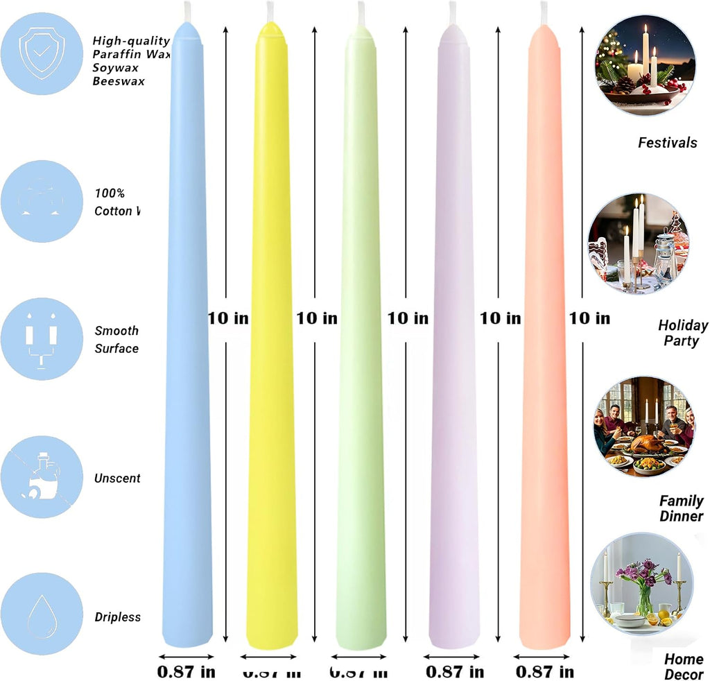 10 Inch Unscented Pastel Smooth Taper Candles for Home Decor