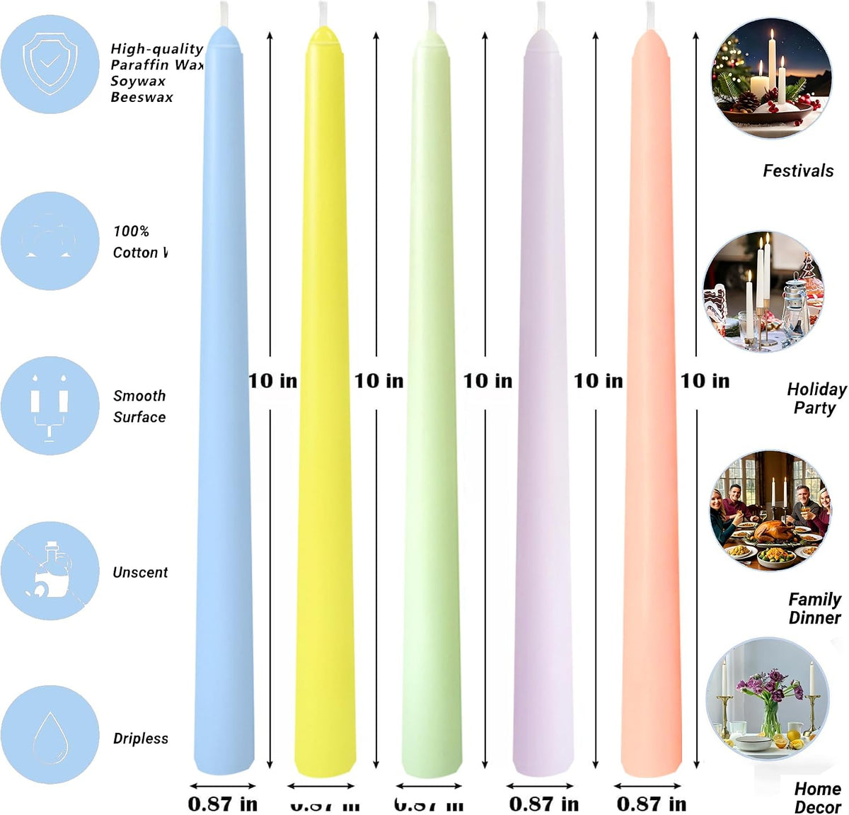 10 Inch Unscented Pastel Smooth Taper Candles for Home Decor