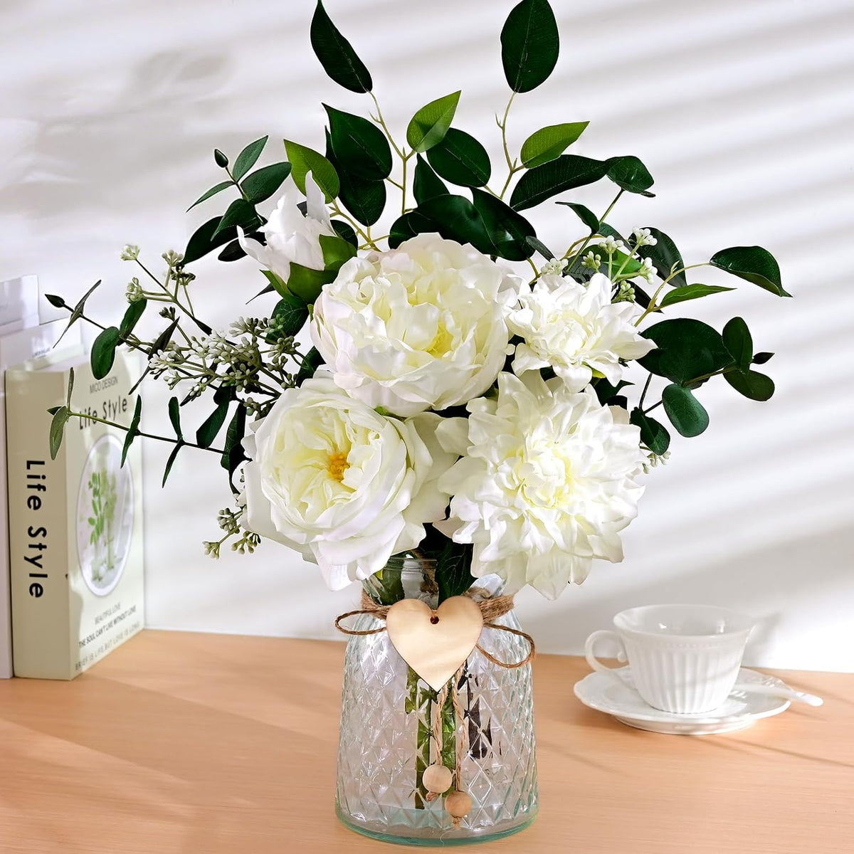 Livole Real Touch Fake Flowers with Vase & Light Silk Artificial Flowers