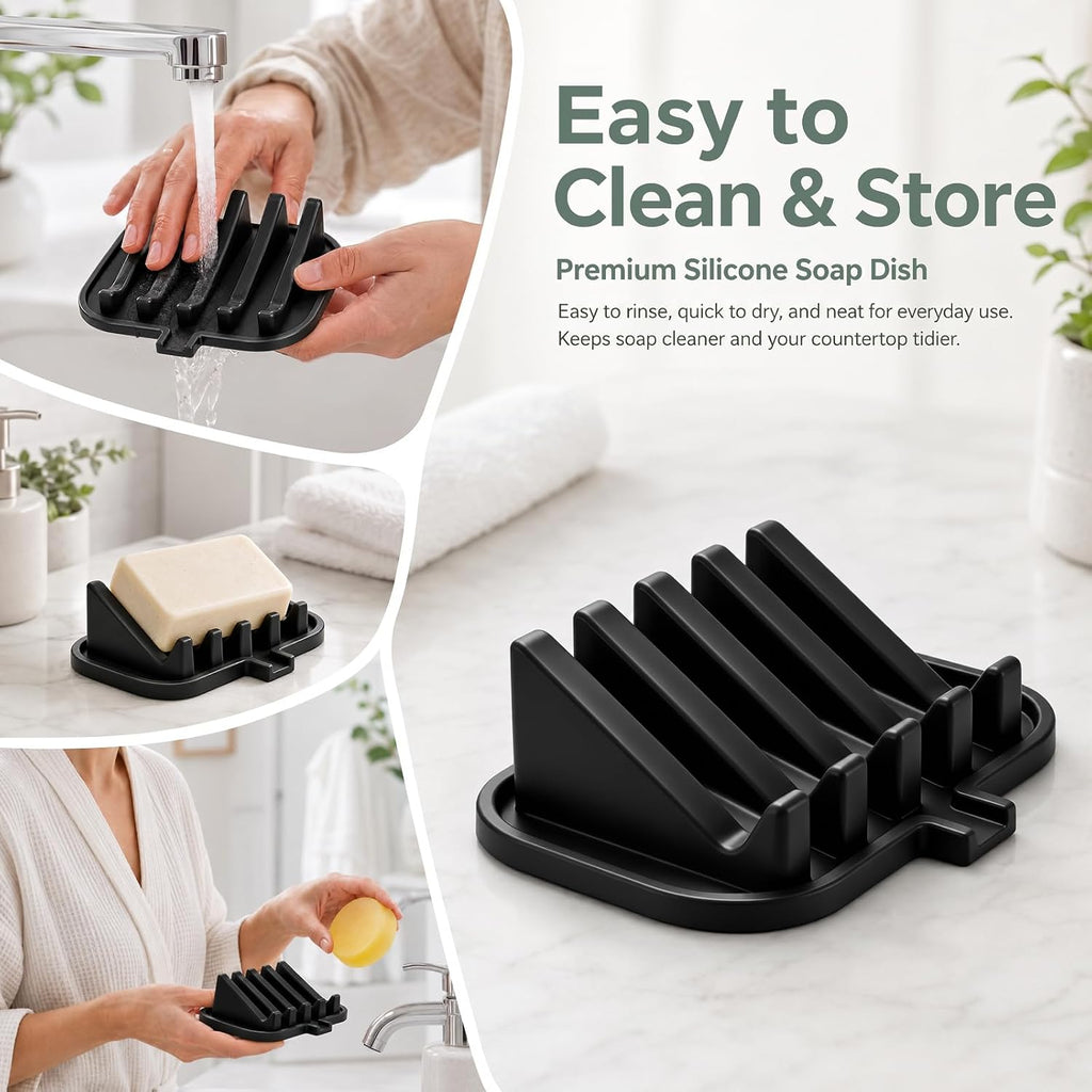 Silicone Soap Dish Holder for Shower with Self Draining (2, Black)