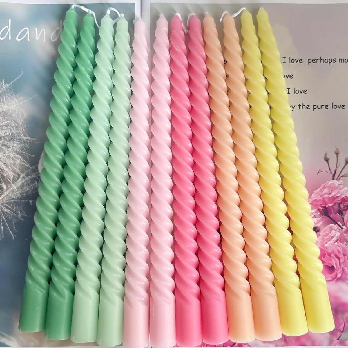 10 Inch Dopamine-Color Spiral Taper Candles for Home Decoration, 12 Pack Cream Twisted Candlesticks for Dinner Party Wedding Holiday