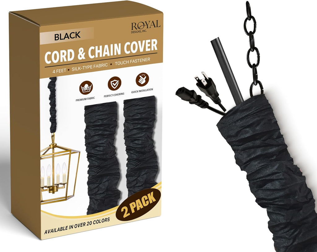 Royal Designs, Inc. Cord & Chain Cover 4 ft Silk Type Fabric, Chandelier Pendant Lighting Chain & Cable Management, Touch Fastener, Black - 2 Pack