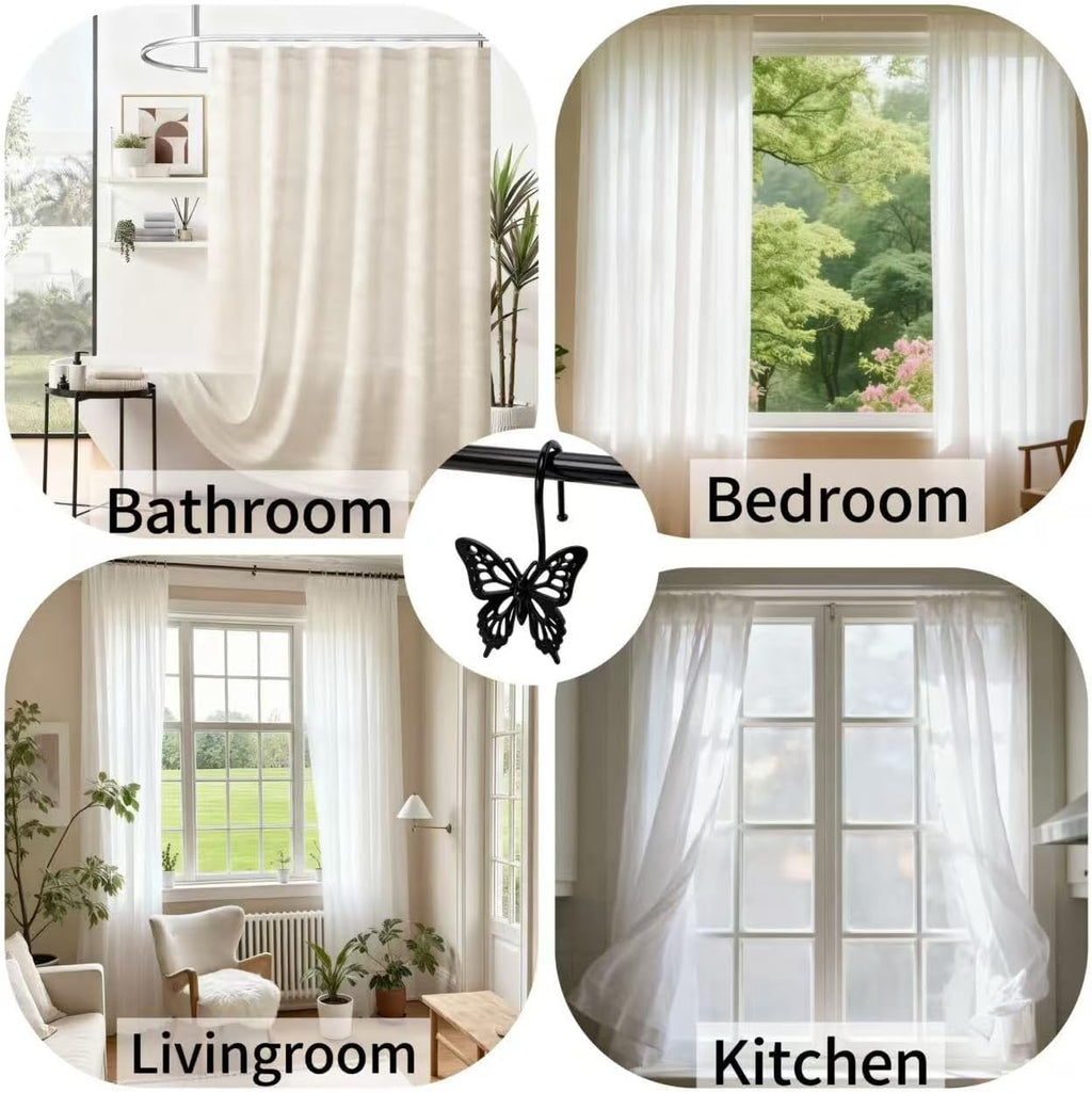 12PCS Decorative Shower Curtain Hooks, Metal Shower Curtain Rings, Rustproof Shower Curtain Hanger for Bathroom, Elegant Butterfly Design (Black)