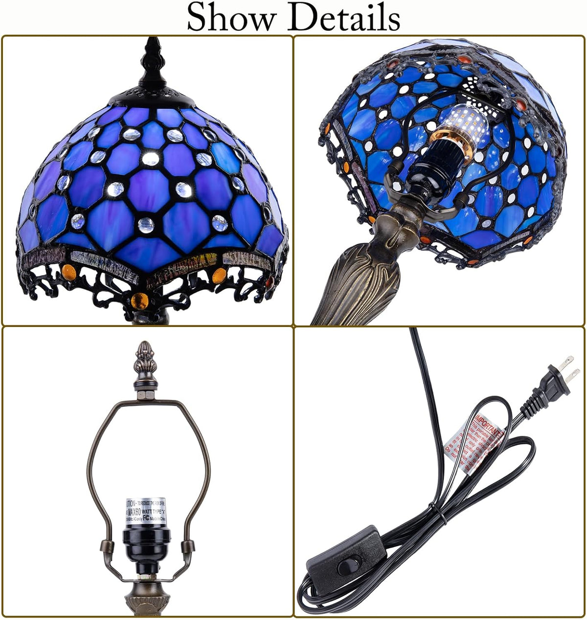 Small Tiffany Style 8 inch Blue Stained Glass Table Lamp