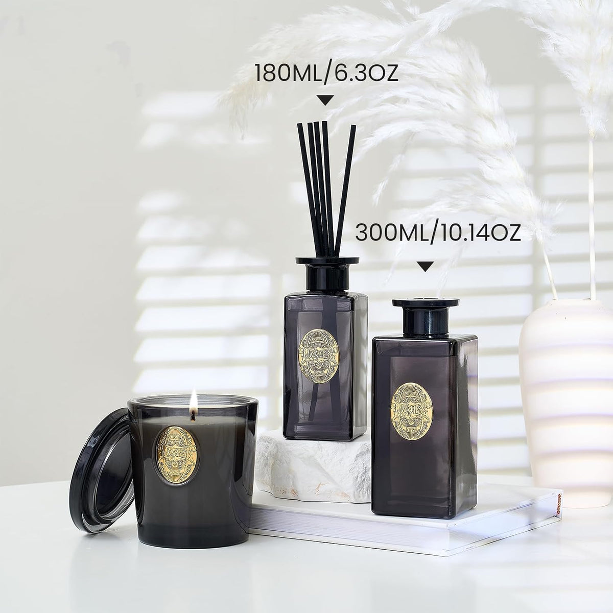 M&SENSE 10.14 oz Large Reed Diffuser Set | Oud Wood Scent Oil Diffuser with Sticks | Hotel Collection Non-Toxic Essential Oil |for Bedroom Bathroom Living Room