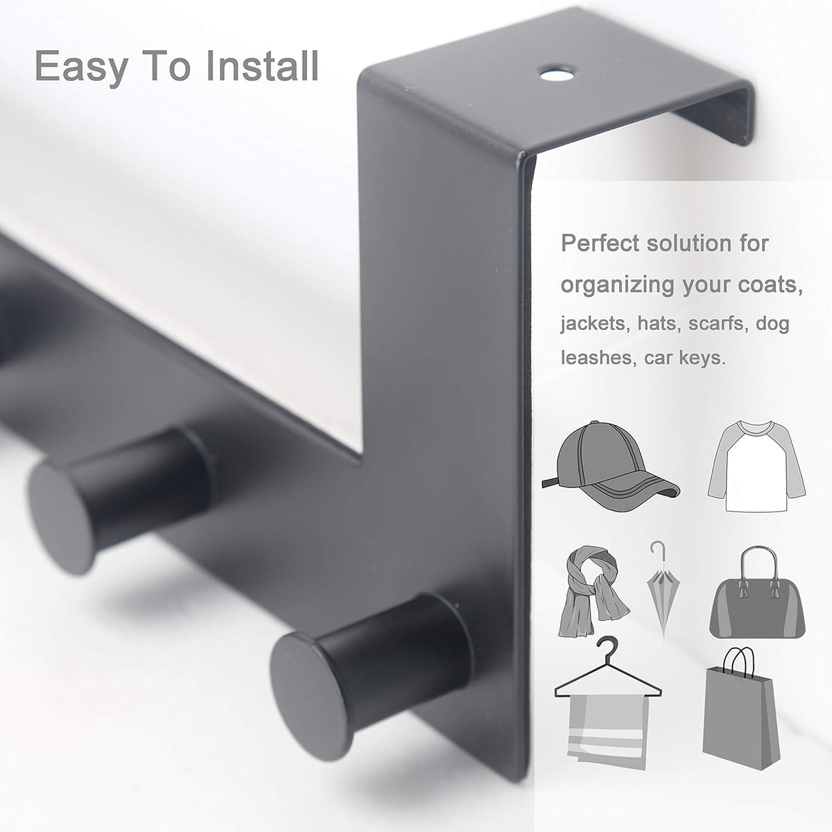 WEBI Over The Door Hooks,Over Door Towel Rack with 6 Peg Hooks for Hanging,Door Coat Hanger Door Coat Rack for Behind Back of Bathroom,Black