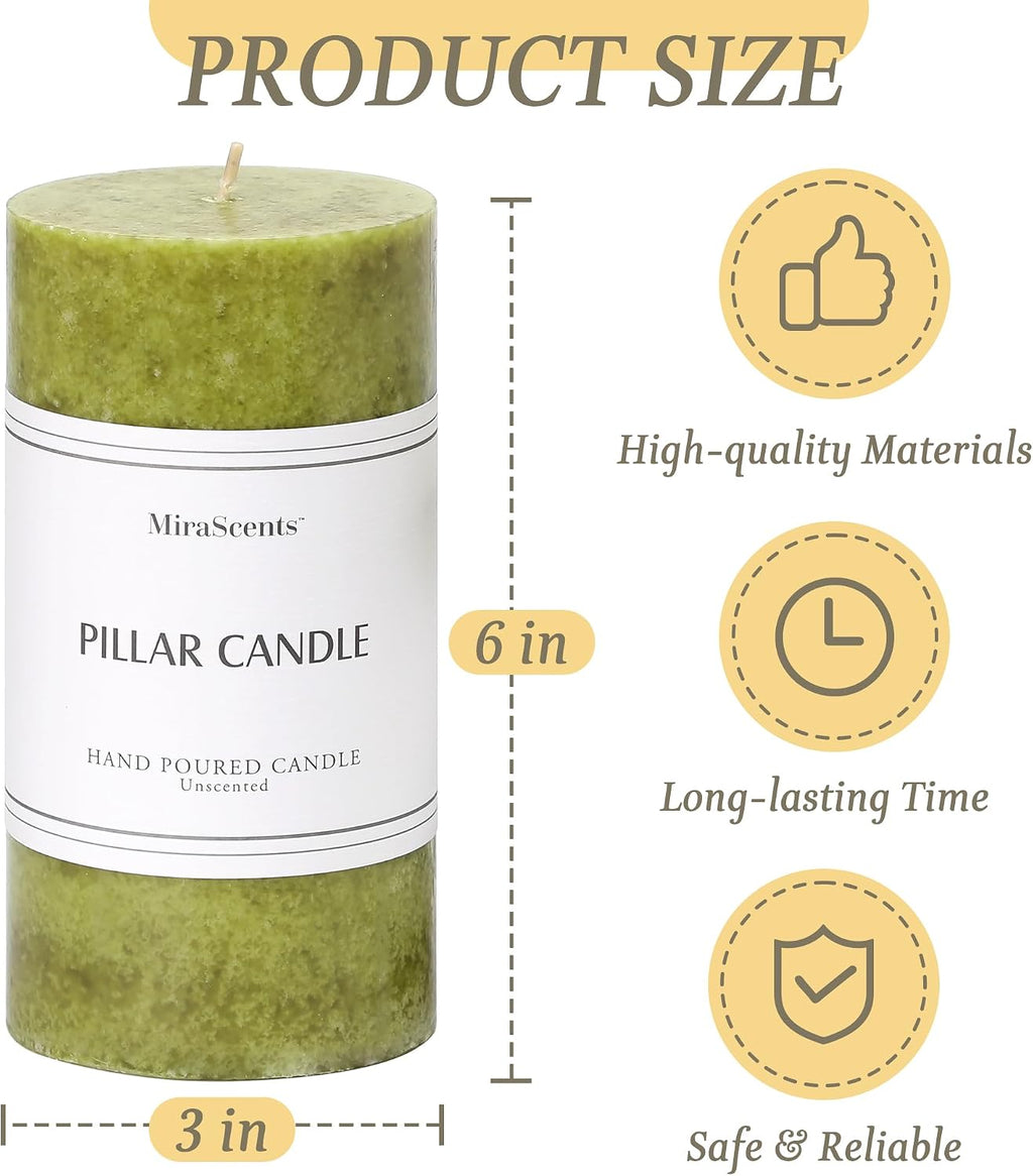3x6 inch Green Pillar Candles Set of 3, Unscented Pillar Candle, Dripless and Smokeless Large Candles, Spring Candle for Home Decor, Dinner Table,Weddings, Holidays (Pack of 3)