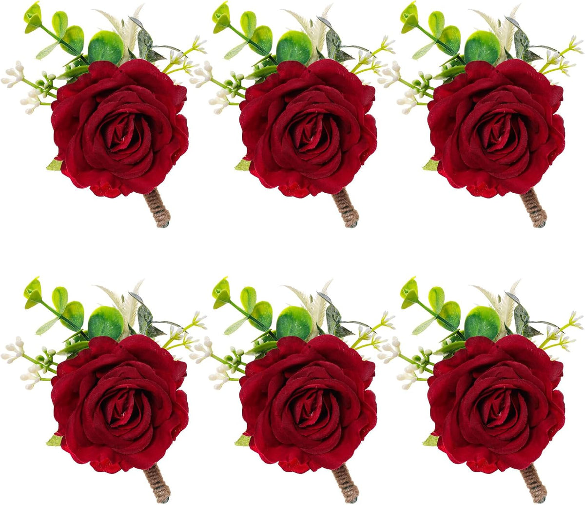 Gvhntk Ivory Rose Boutonniere for Men Wedding Set of 6 Groom Groomsmen Best Man Artificial Flowers Boutonniere for Wedding Ceremony Anniversary Prom Flowers Formal Dinner Party (6, Red, Middle)