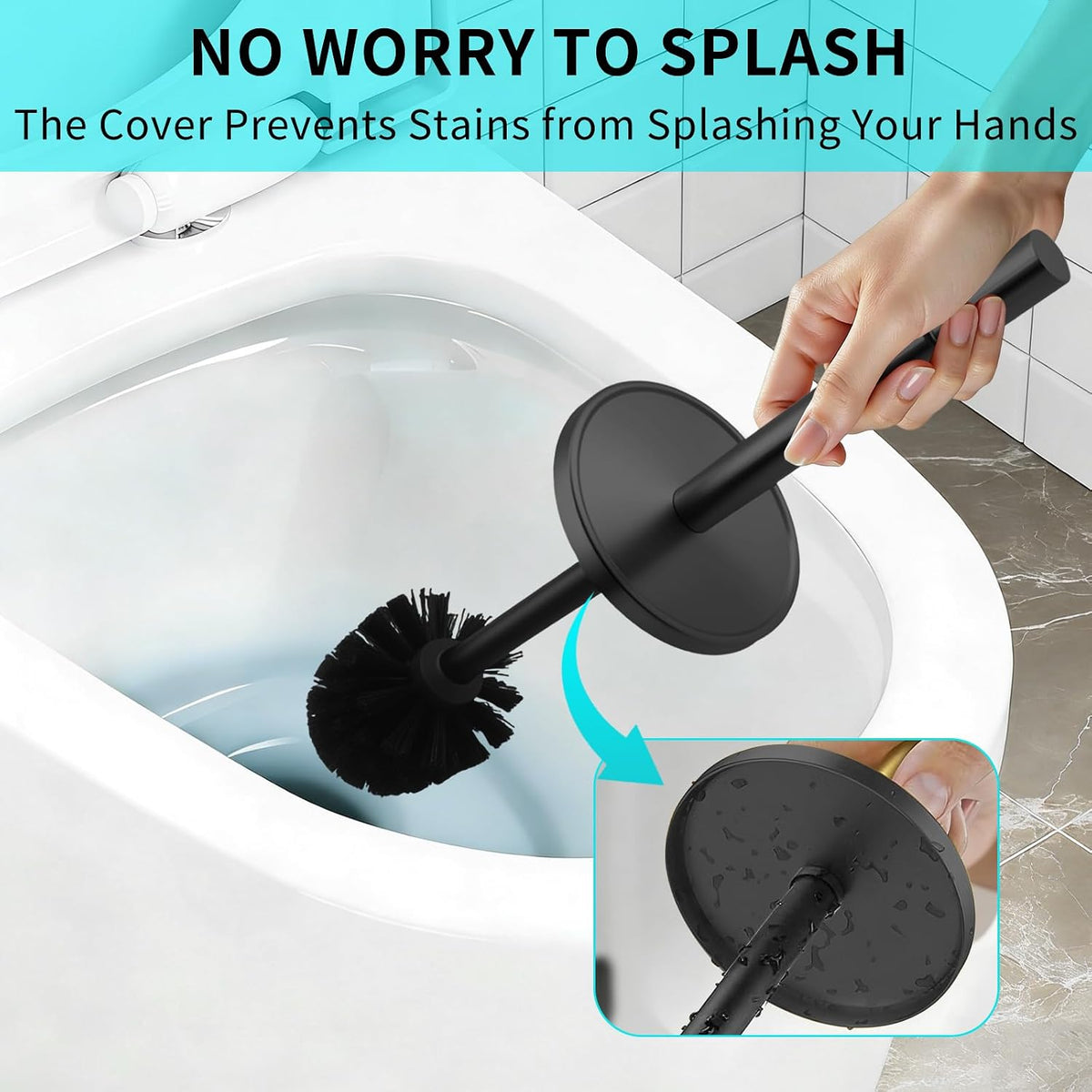 Toilet Brush and Holder Set,304 Stainless Steel Toilet Brush for Bathroom with Long Handle, Heavy Duty Toilet Bowl Brush,Removable Inner Bowl and Splash Protection,Deep Cleaning (Black)