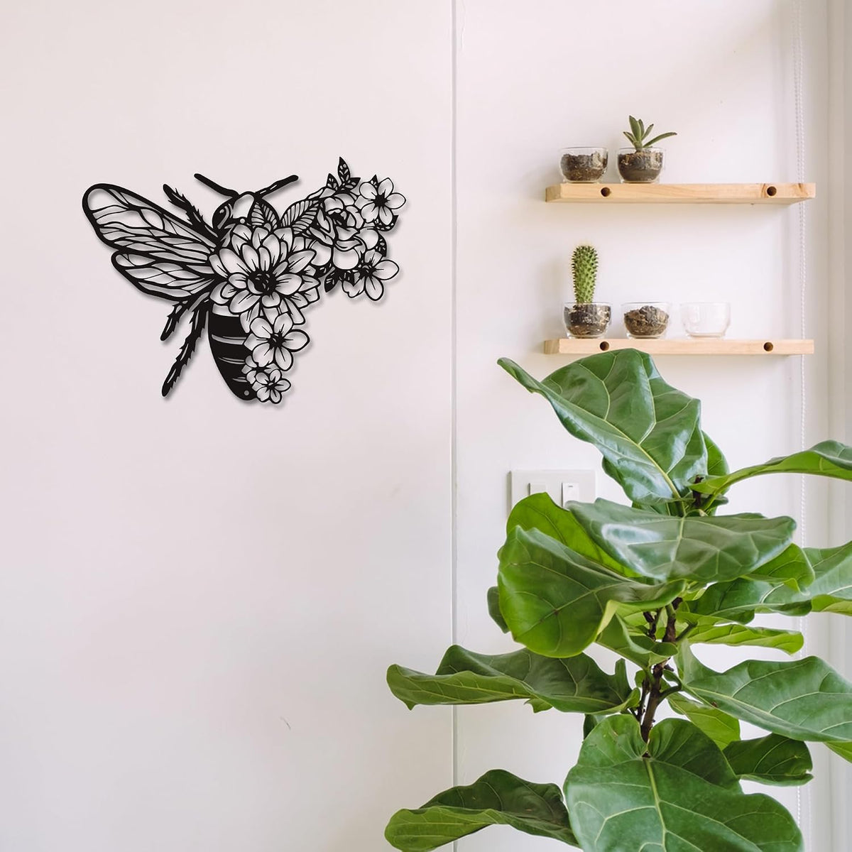 Rajukit Modern Bohemian Bee Flower Metal Wall Art Black