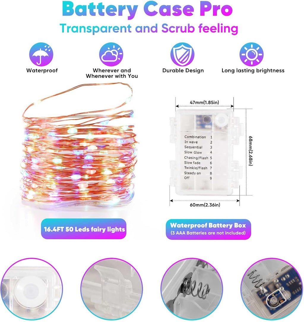 Ariceleo 1 Pack 16.4 Ft. Battery Operated Outdoor String Lights with Remote & Timer, LED Multi Color Fairy Lights, Waterproof Twinkle Lights for Bedroom, Dorm, Mason Jar, Wedding, Party, Christmas
