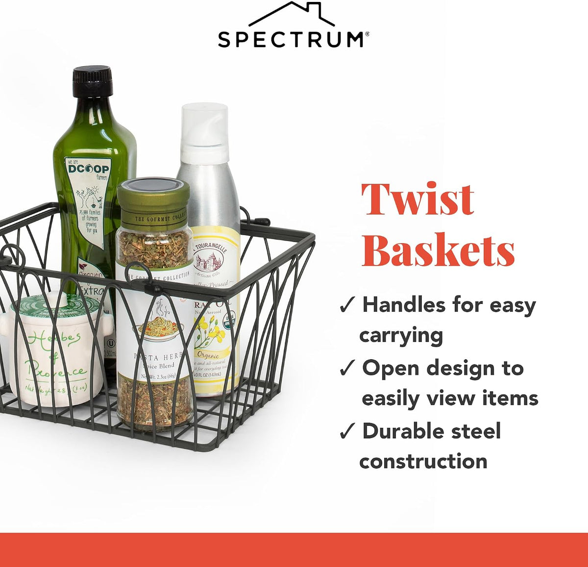 Spectrum Small Wire Basket with Handles Industrial Gray Farmhouse Basket Organizer for Kitchen Bathroom Laundry Pantry Shelf Organization, Twist Wire Metal Basket with Handle for Gifts or Storage