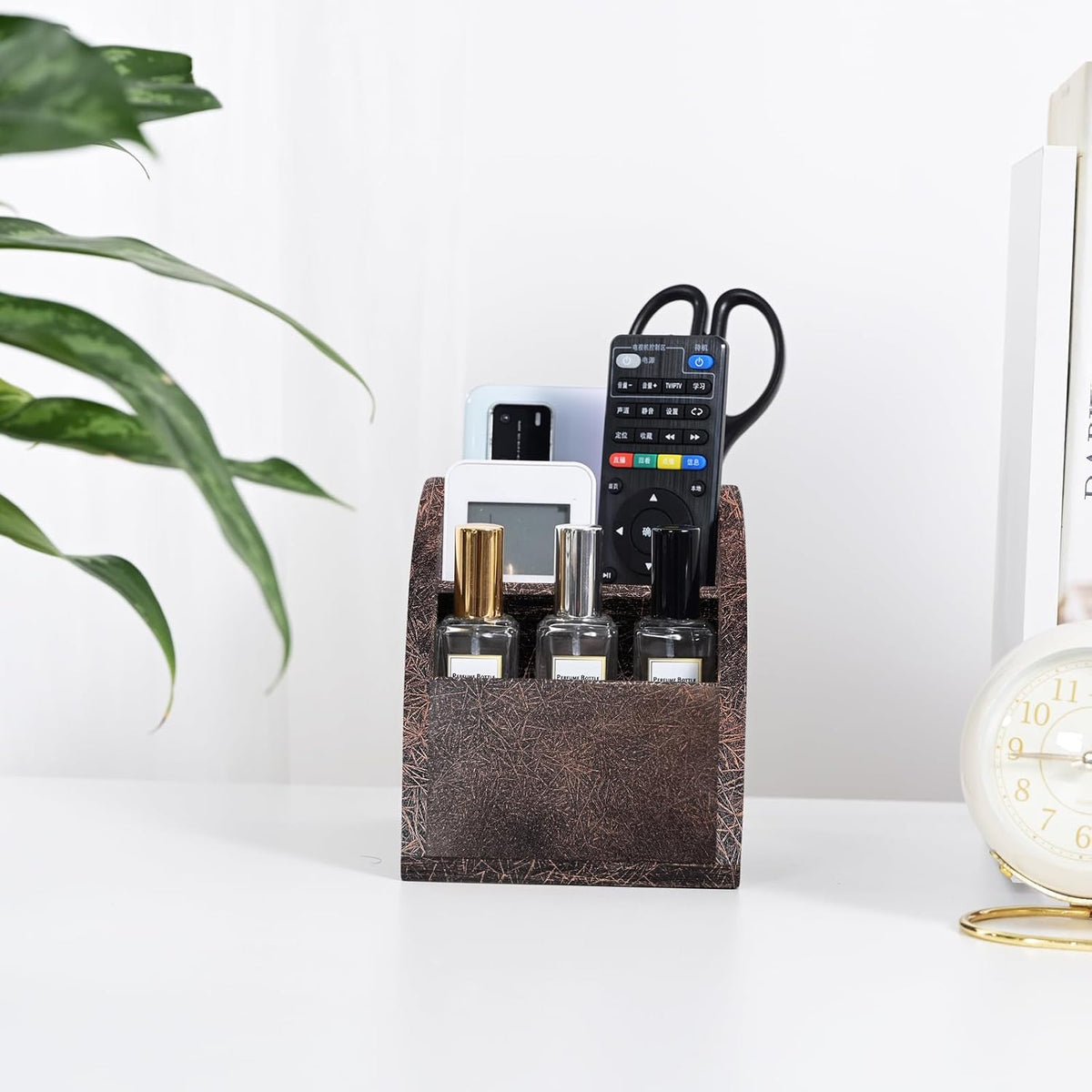 Rustic Vintage Wooden Desk Organizer Farmhouse Wood Remote Control Caddy 3 Slot Tabletop Desktop Office Supply Storage Rack Desktop TV Remote Control Holder Home Decor Office Supplies (Metallic color)