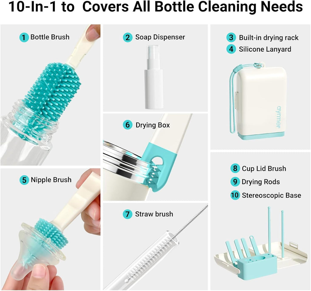 Aynmer Baby Bottle Brush Cleaner Set - 10 In 1 Travel Bottle Cleaning Brush Kit with Silicone Bottle Brush, Nipple Brush, Soap Dispenser, Portable Drying Rack, Breast Pump & Bottle Cleaning Kit -Green